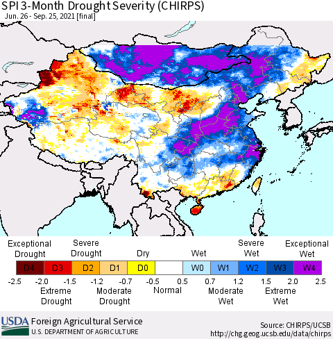 China, Mongolia and Taiwan SPI 3-Month Drought Severity (CHIRPS) Thematic Map For 6/26/2021 - 9/25/2021
