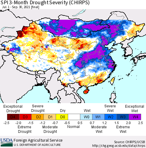 China, Mongolia and Taiwan SPI 3-Month Drought Severity (CHIRPS) Thematic Map For 7/1/2021 - 9/30/2021