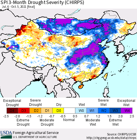 China, Mongolia and Taiwan SPI 3-Month Drought Severity (CHIRPS) Thematic Map For 7/6/2021 - 10/5/2021