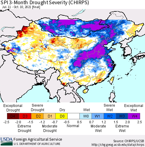 China, Mongolia and Taiwan SPI 3-Month Drought Severity (CHIRPS) Thematic Map For 7/11/2021 - 10/10/2021