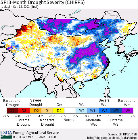 China, Mongolia and Taiwan SPI 3-Month Drought Severity (CHIRPS) Thematic Map For 7/16/2021 - 10/15/2021