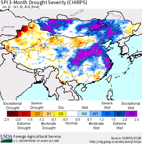 China, Mongolia and Taiwan SPI 3-Month Drought Severity (CHIRPS) Thematic Map For 7/21/2021 - 10/20/2021