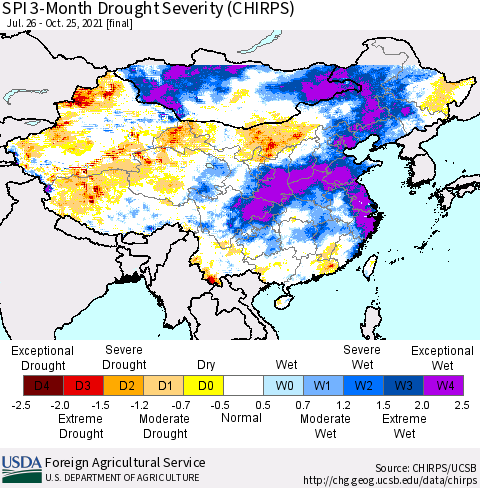 China, Mongolia and Taiwan SPI 3-Month Drought Severity (CHIRPS) Thematic Map For 7/26/2021 - 10/25/2021