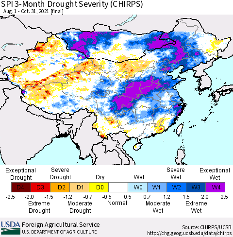 China, Mongolia and Taiwan SPI 3-Month Drought Severity (CHIRPS) Thematic Map For 8/1/2021 - 10/31/2021