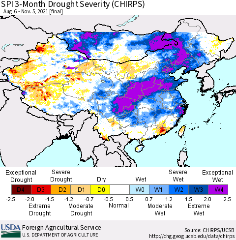 China, Mongolia and Taiwan SPI 3-Month Drought Severity (CHIRPS) Thematic Map For 8/6/2021 - 11/5/2021