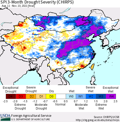 China, Mongolia and Taiwan SPI 3-Month Drought Severity (CHIRPS) Thematic Map For 8/11/2021 - 11/10/2021