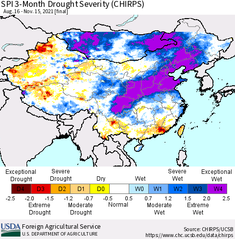 China, Mongolia and Taiwan SPI 3-Month Drought Severity (CHIRPS) Thematic Map For 8/16/2021 - 11/15/2021