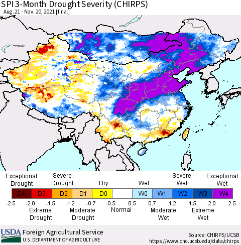 China, Mongolia and Taiwan SPI 3-Month Drought Severity (CHIRPS) Thematic Map For 8/21/2021 - 11/20/2021