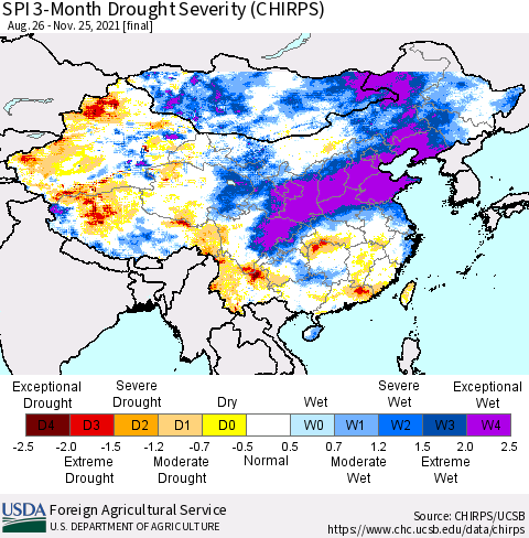 China, Mongolia and Taiwan SPI 3-Month Drought Severity (CHIRPS) Thematic Map For 8/26/2021 - 11/25/2021