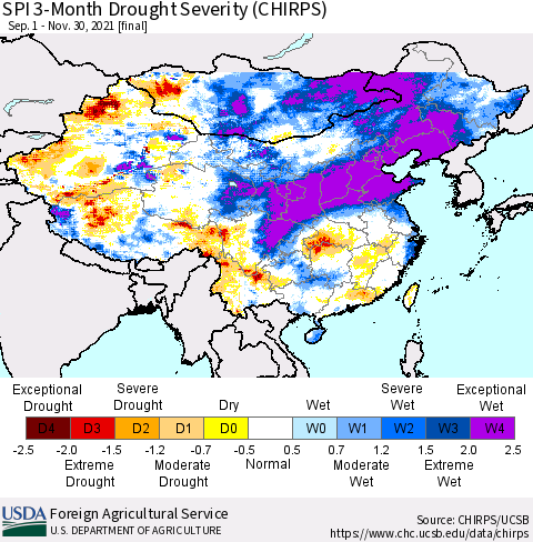 China, Mongolia and Taiwan SPI 3-Month Drought Severity (CHIRPS) Thematic Map For 9/1/2021 - 11/30/2021
