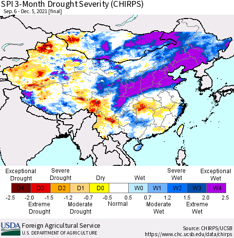 China, Mongolia and Taiwan SPI 3-Month Drought Severity (CHIRPS) Thematic Map For 9/6/2021 - 12/5/2021