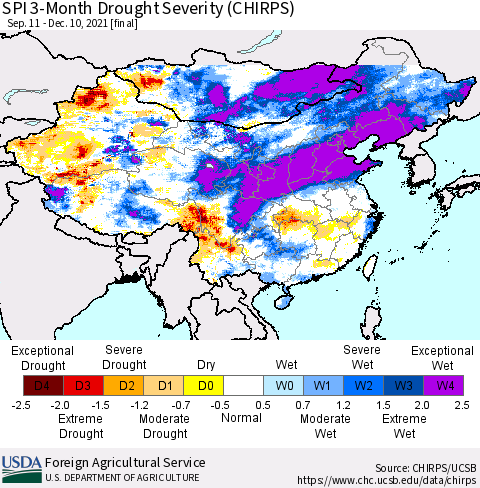 China, Mongolia and Taiwan SPI 3-Month Drought Severity (CHIRPS) Thematic Map For 9/11/2021 - 12/10/2021