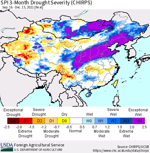 China, Mongolia and Taiwan SPI 3-Month Drought Severity (CHIRPS) Thematic Map For 9/16/2021 - 12/15/2021