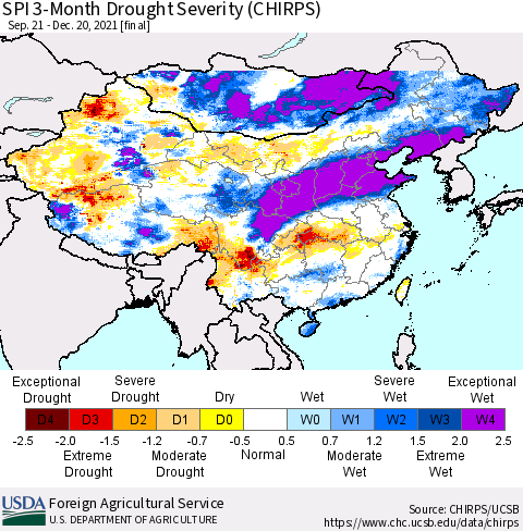 China, Mongolia and Taiwan SPI 3-Month Drought Severity (CHIRPS) Thematic Map For 9/21/2021 - 12/20/2021