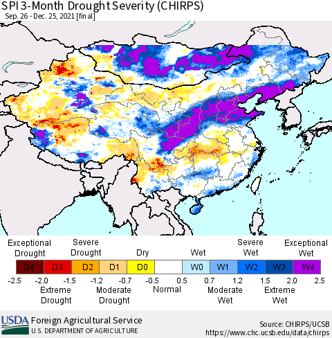 China, Mongolia and Taiwan SPI 3-Month Drought Severity (CHIRPS) Thematic Map For 9/26/2021 - 12/25/2021