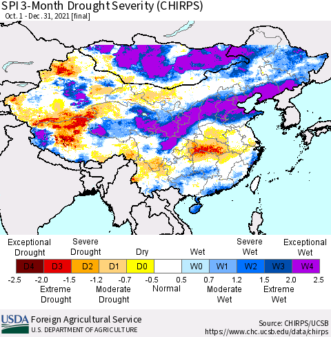 China, Mongolia and Taiwan SPI 3-Month Drought Severity (CHIRPS) Thematic Map For 10/1/2021 - 12/31/2021