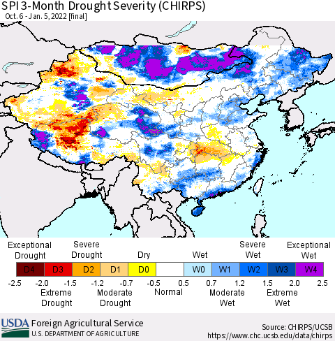 China, Mongolia and Taiwan SPI 3-Month Drought Severity (CHIRPS) Thematic Map For 10/6/2021 - 1/5/2022
