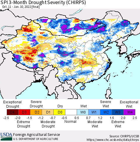 China, Mongolia and Taiwan SPI 3-Month Drought Severity (CHIRPS) Thematic Map For 10/11/2021 - 1/10/2022
