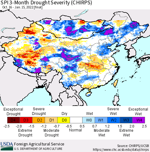 China, Mongolia and Taiwan SPI 3-Month Drought Severity (CHIRPS) Thematic Map For 10/16/2021 - 1/15/2022