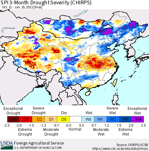 China, Mongolia and Taiwan SPI 3-Month Drought Severity (CHIRPS) Thematic Map For 10/21/2021 - 1/20/2022
