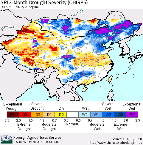China, Mongolia and Taiwan SPI 3-Month Drought Severity (CHIRPS) Thematic Map For 10/26/2021 - 1/25/2022