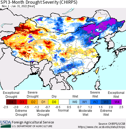 China, Mongolia and Taiwan SPI 3-Month Drought Severity (CHIRPS) Thematic Map For 11/1/2021 - 1/31/2022