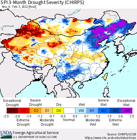 China, Mongolia and Taiwan SPI 3-Month Drought Severity (CHIRPS) Thematic Map For 11/6/2021 - 2/5/2022