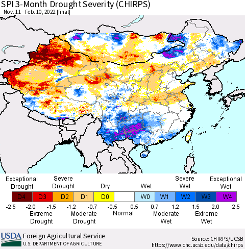 China, Mongolia and Taiwan SPI 3-Month Drought Severity (CHIRPS) Thematic Map For 11/11/2021 - 2/10/2022