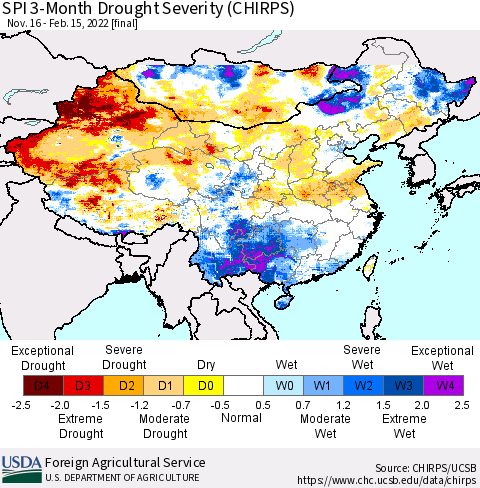 China, Mongolia and Taiwan SPI 3-Month Drought Severity (CHIRPS) Thematic Map For 11/16/2021 - 2/15/2022
