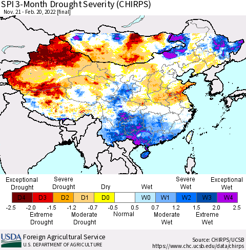 China, Mongolia and Taiwan SPI 3-Month Drought Severity (CHIRPS) Thematic Map For 11/21/2021 - 2/20/2022