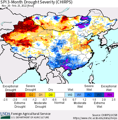 China, Mongolia and Taiwan SPI 3-Month Drought Severity (CHIRPS) Thematic Map For 11/26/2021 - 2/25/2022