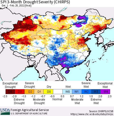 China, Mongolia and Taiwan SPI 3-Month Drought Severity (CHIRPS) Thematic Map For 12/1/2021 - 2/28/2022