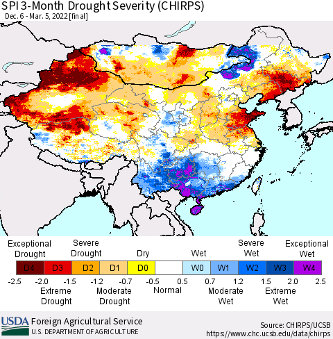 China, Mongolia and Taiwan SPI 3-Month Drought Severity (CHIRPS) Thematic Map For 12/6/2021 - 3/5/2022