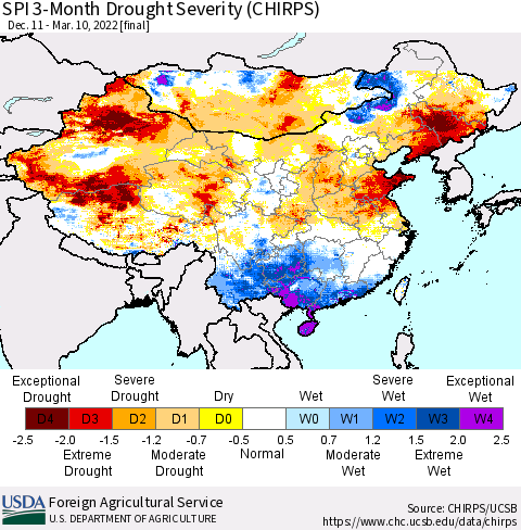 China, Mongolia and Taiwan SPI 3-Month Drought Severity (CHIRPS) Thematic Map For 12/11/2021 - 3/10/2022