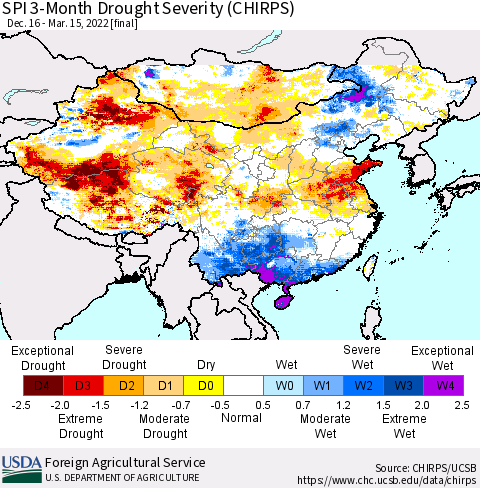 China, Mongolia and Taiwan SPI 3-Month Drought Severity (CHIRPS) Thematic Map For 12/16/2021 - 3/15/2022