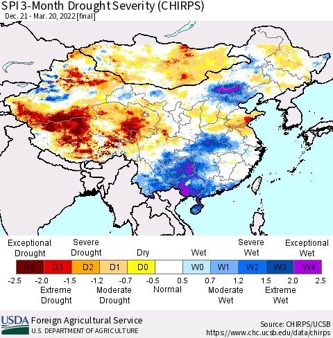 China, Mongolia and Taiwan SPI 3-Month Drought Severity (CHIRPS) Thematic Map For 12/21/2021 - 3/20/2022