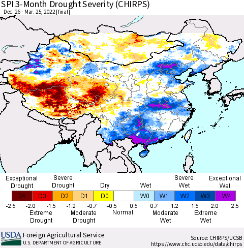 China, Mongolia and Taiwan SPI 3-Month Drought Severity (CHIRPS) Thematic Map For 12/26/2021 - 3/25/2022