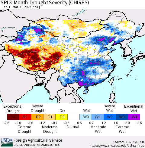 China, Mongolia and Taiwan SPI 3-Month Drought Severity (CHIRPS) Thematic Map For 1/1/2022 - 3/31/2022