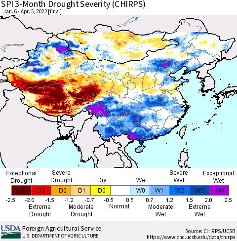 China, Mongolia and Taiwan SPI 3-Month Drought Severity (CHIRPS) Thematic Map For 1/6/2022 - 4/5/2022