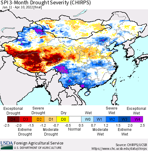 China, Mongolia and Taiwan SPI 3-Month Drought Severity (CHIRPS) Thematic Map For 1/11/2022 - 4/10/2022