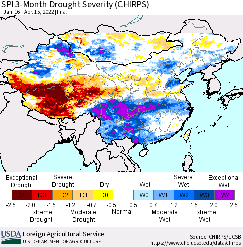 China, Mongolia and Taiwan SPI 3-Month Drought Severity (CHIRPS) Thematic Map For 1/16/2022 - 4/15/2022