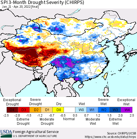 China, Mongolia and Taiwan SPI 3-Month Drought Severity (CHIRPS) Thematic Map For 1/21/2022 - 4/20/2022