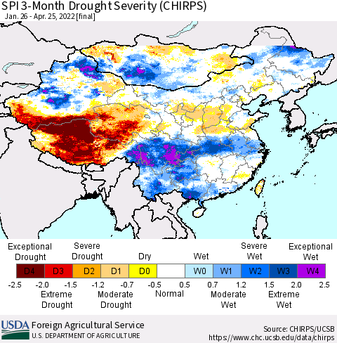China, Mongolia and Taiwan SPI 3-Month Drought Severity (CHIRPS) Thematic Map For 1/26/2022 - 4/25/2022