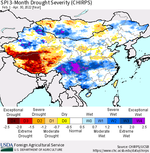 China, Mongolia and Taiwan SPI 3-Month Drought Severity (CHIRPS) Thematic Map For 2/1/2022 - 4/30/2022