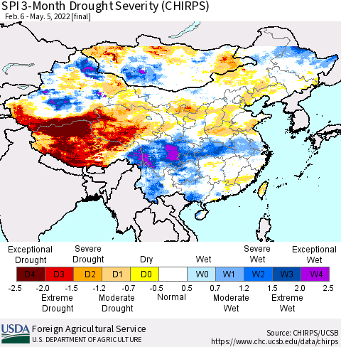 China, Mongolia and Taiwan SPI 3-Month Drought Severity (CHIRPS) Thematic Map For 2/6/2022 - 5/5/2022