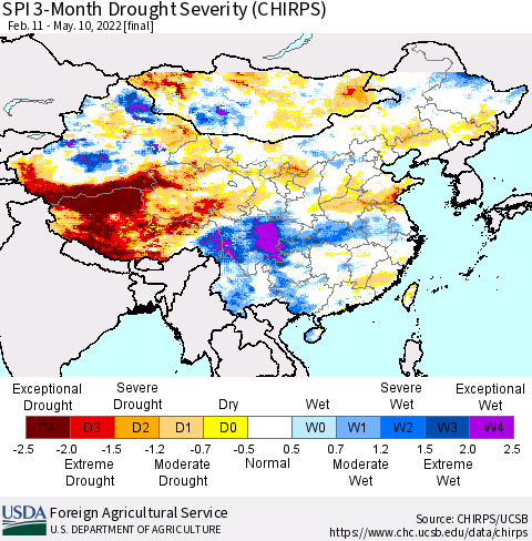 China, Mongolia and Taiwan SPI 3-Month Drought Severity (CHIRPS) Thematic Map For 2/11/2022 - 5/10/2022