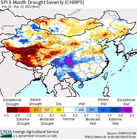 China, Mongolia and Taiwan SPI 3-Month Drought Severity (CHIRPS) Thematic Map For 2/16/2022 - 5/15/2022