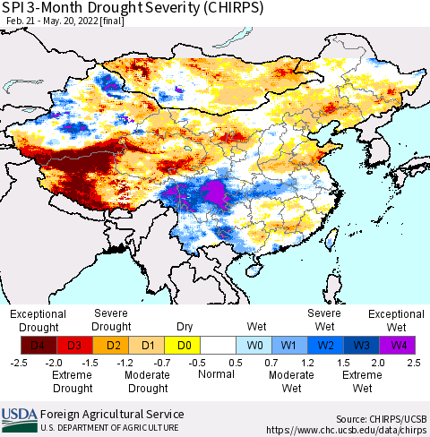 China, Mongolia and Taiwan SPI 3-Month Drought Severity (CHIRPS) Thematic Map For 2/21/2022 - 5/20/2022