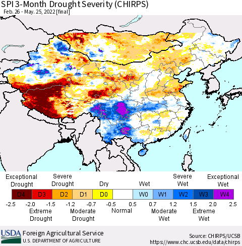 China, Mongolia and Taiwan SPI 3-Month Drought Severity (CHIRPS) Thematic Map For 2/26/2022 - 5/25/2022
