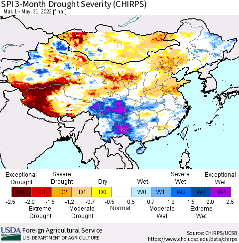 China, Mongolia and Taiwan SPI 3-Month Drought Severity (CHIRPS) Thematic Map For 3/1/2022 - 5/31/2022